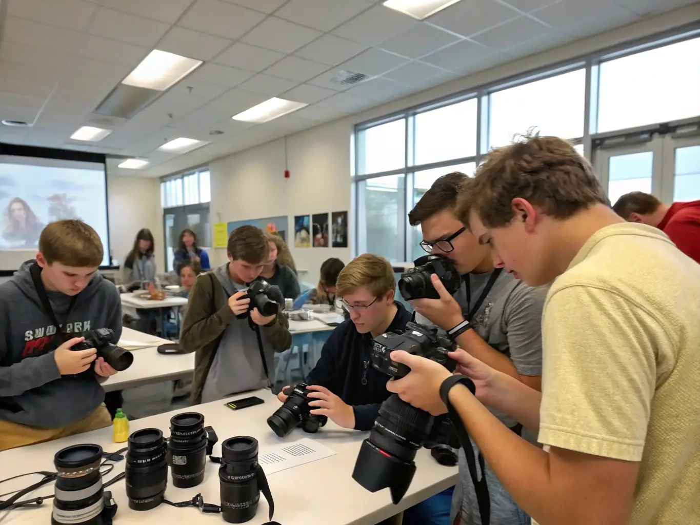 A group of students participating in a photography workshop at MUSEE PHOTO, learning about camera techniques and composition from a professional photographer. The workshop aims to foster creativity and provide hands-on experience in visual storytelling.
