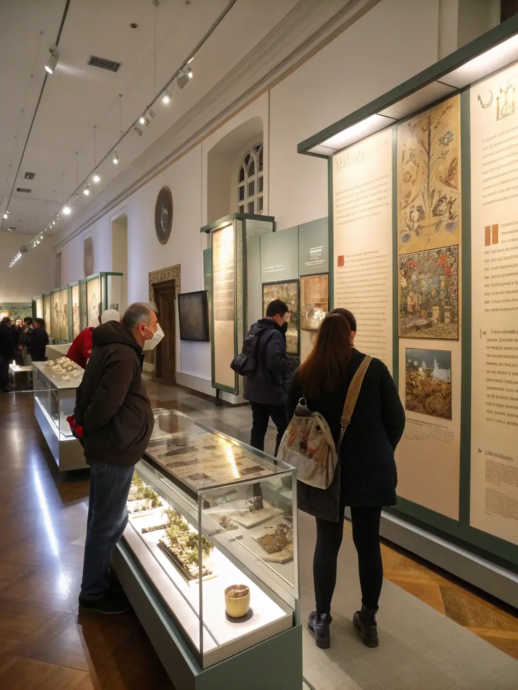 A photograph of a MUSEE PHOTO exhibition featuring vintage photographs, with visitors admiring the historical images and learning about the stories behind them.
