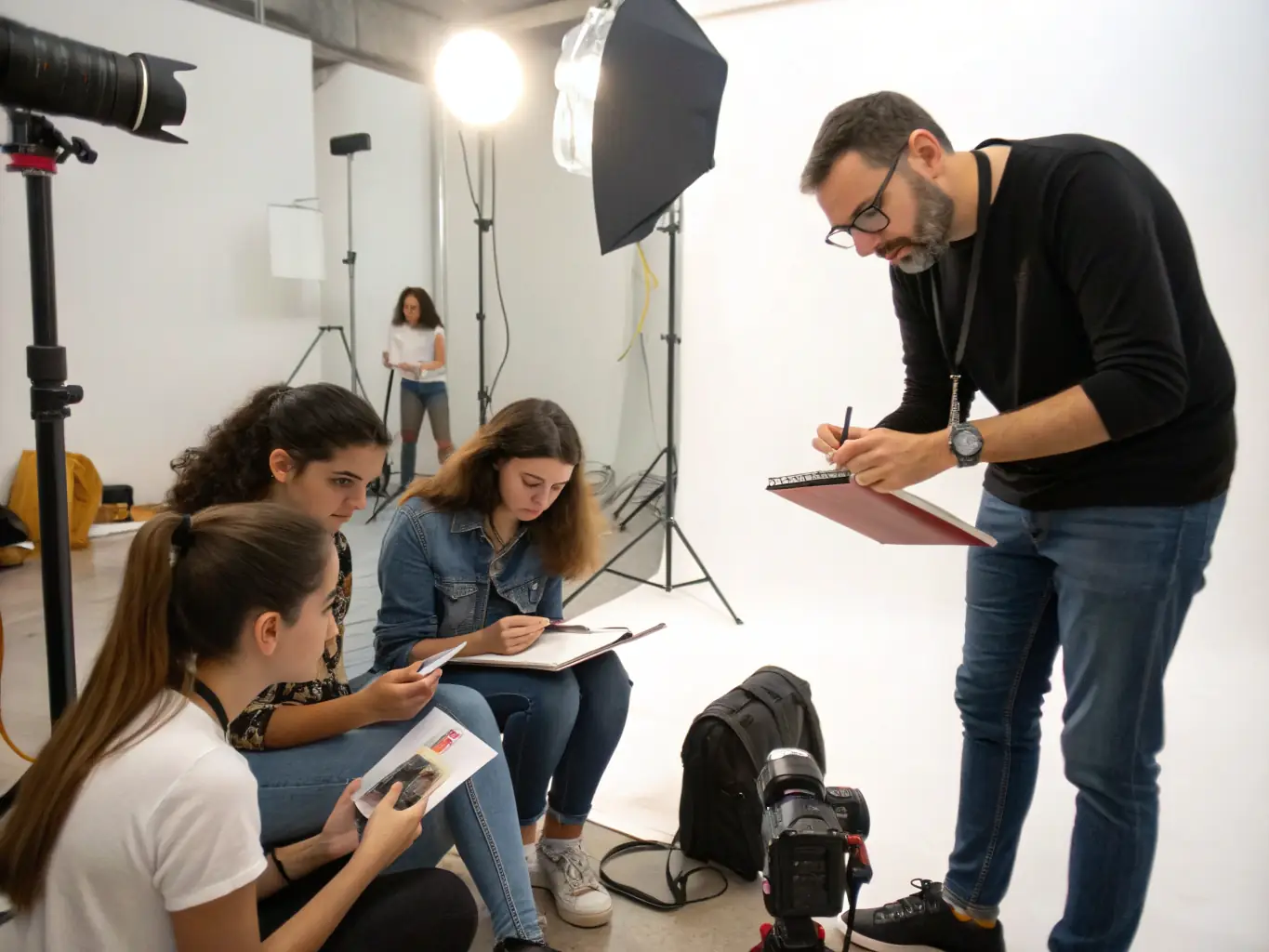 A photograph of a group of students participating in a photography workshop at MUSEE PHOTO, with an instructor demonstrating camera techniques.