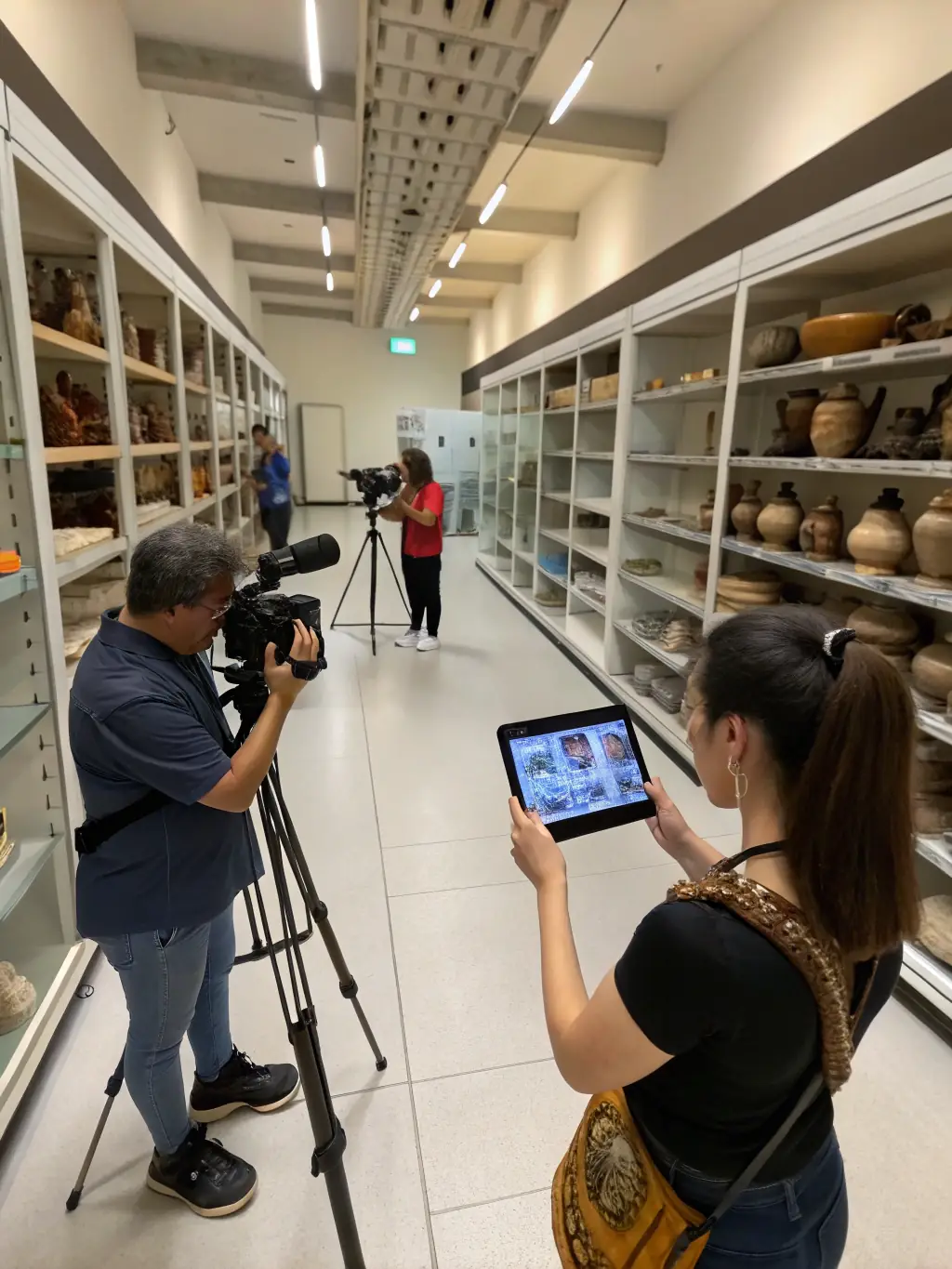 A photograph of volunteers carefully cataloging and archiving historical photographs in the MUSEE PHOTO archive, showcasing the meticulous work involved in preserving photographic heritage.