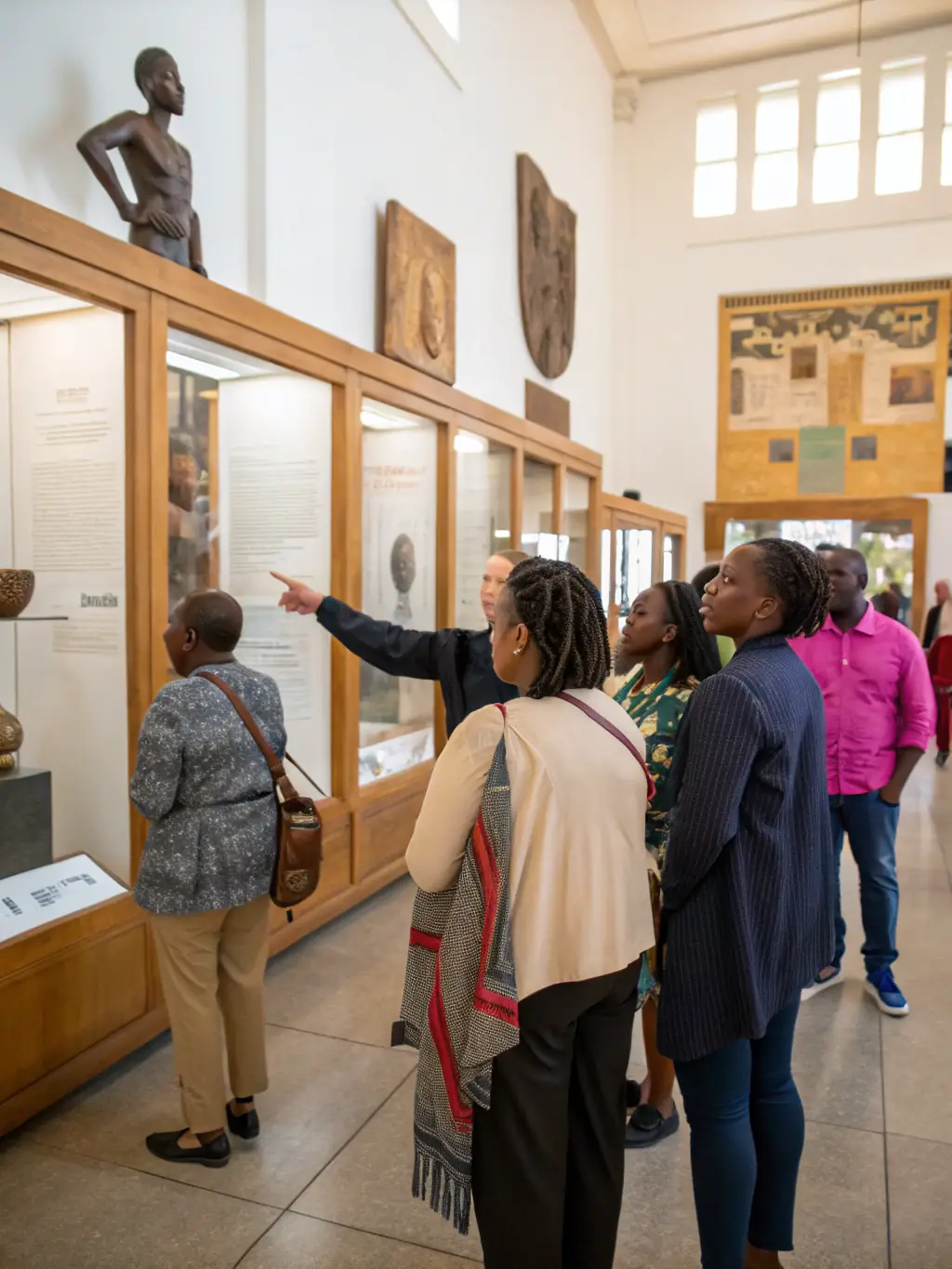A photograph of a MUSEE PHOTO staff member giving a guided tour of the museum's collection to a group of senior citizens, sharing historical context and anecdotes about the photographs.