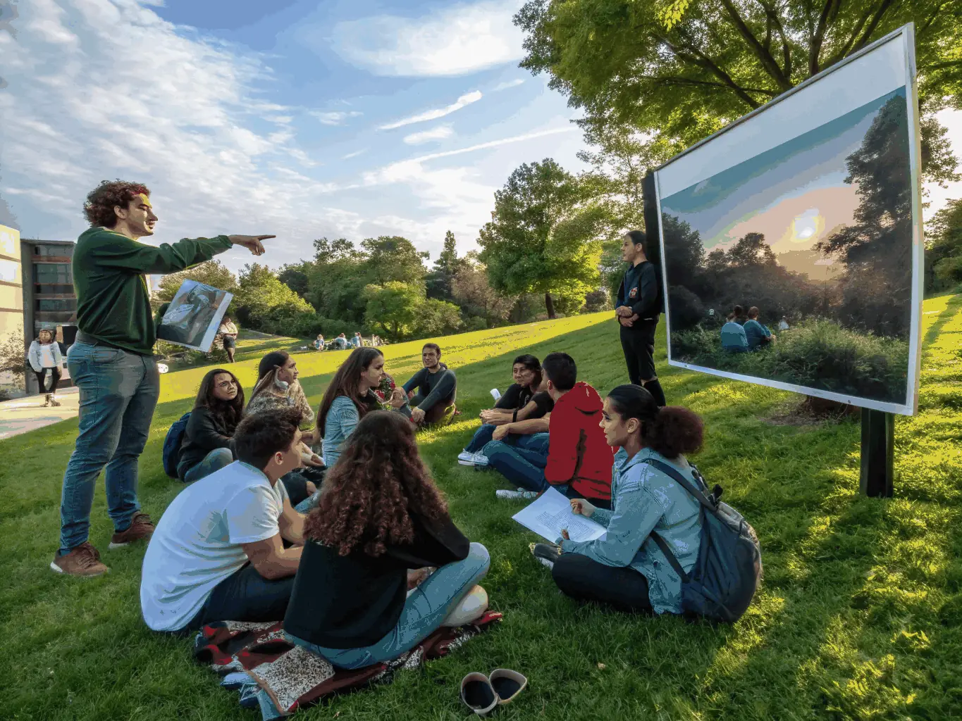 A scene from a MUSEE PHOTO outreach program, where museum staff are visiting a local school to conduct a photography session with children. The program aims to bring photographic education to underserved communities and inspire the next generation of artists.